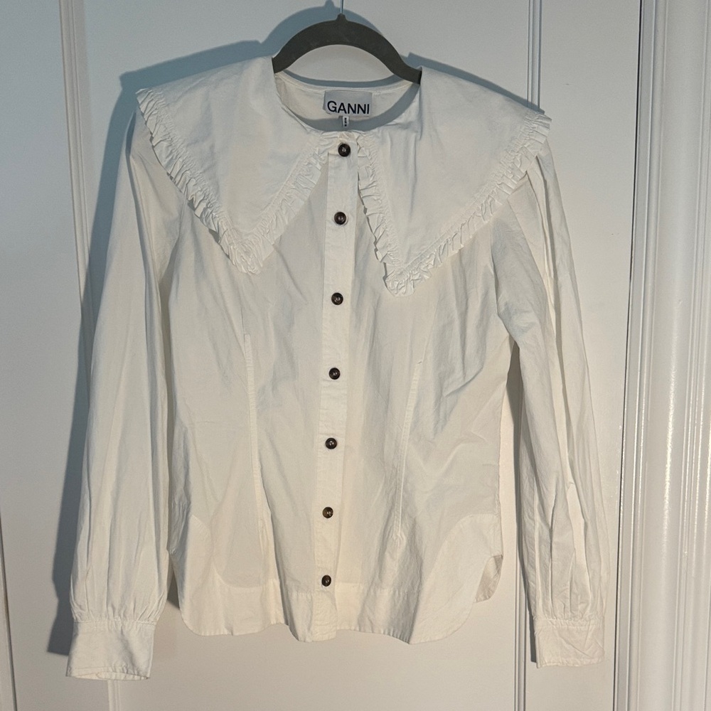 Ganni Cream Ruffled Collar Shirt 100% cotton